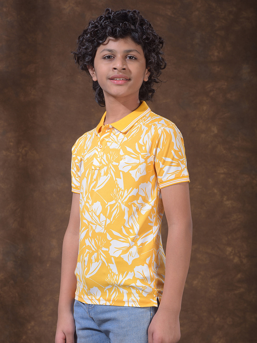 Yellow Printed Polo Neck T-Shirt