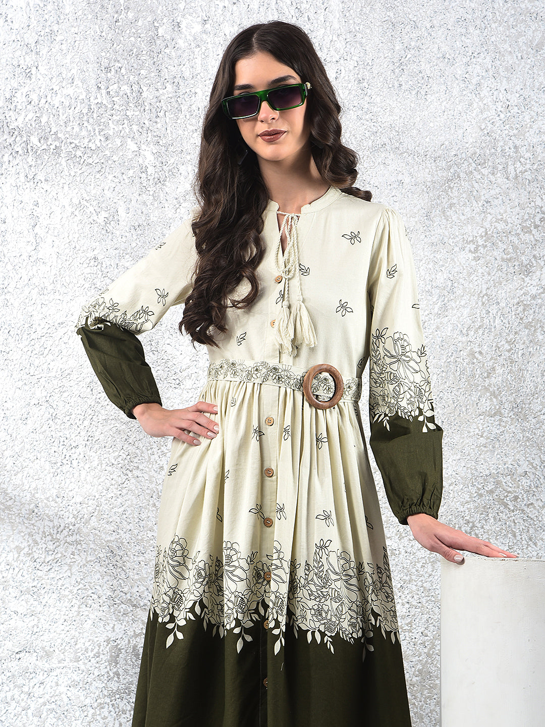 Olive Floral Print V-Neck A-Line Dress With Belt