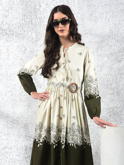 Olive Floral Print V-Neck A-Line Dress With Belt