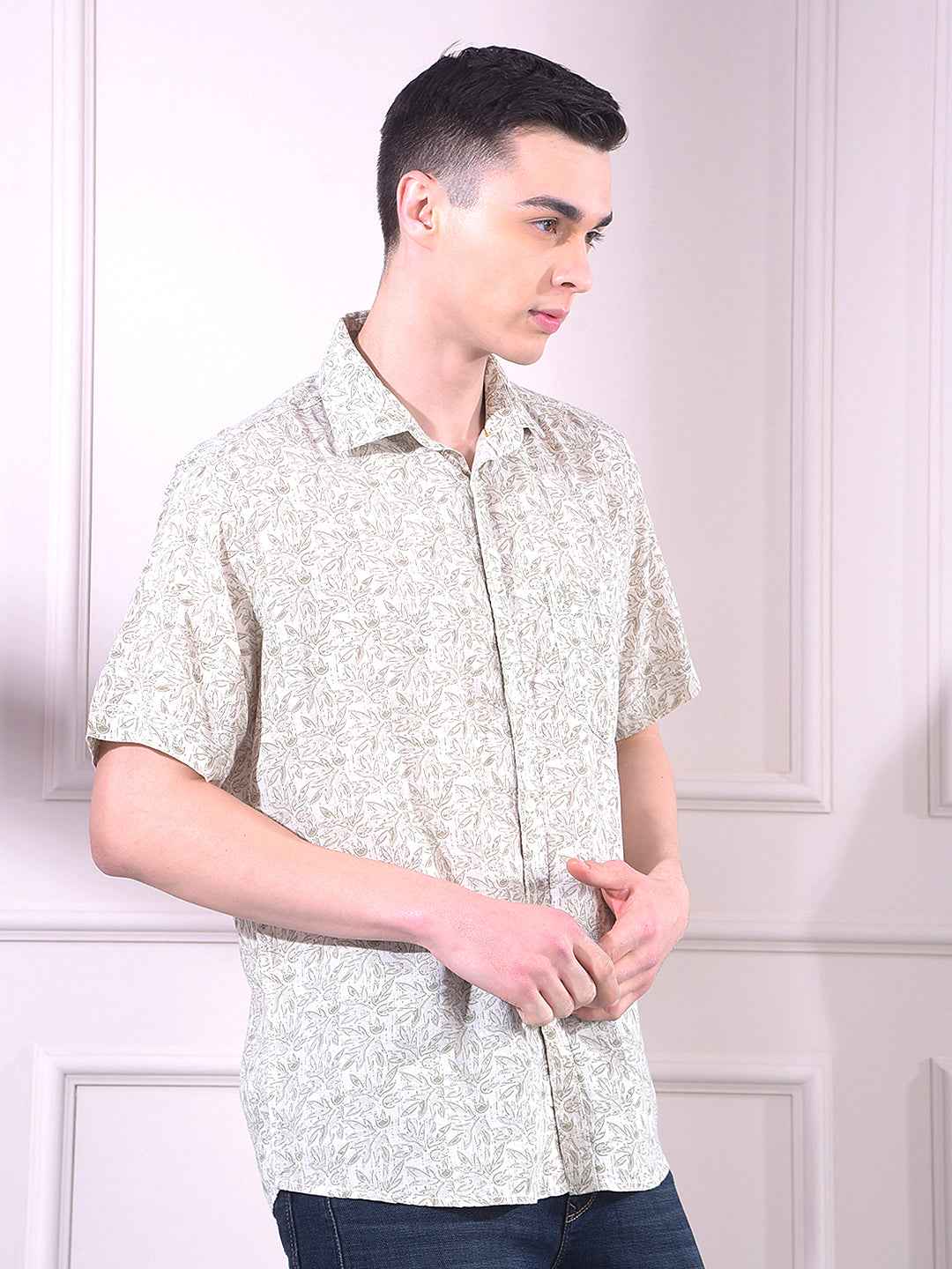 Olive Linen Floral Print Shirt