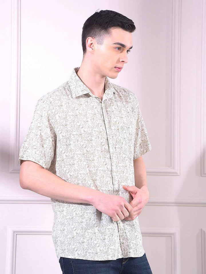 Olive Linen Floral Print Shirt
