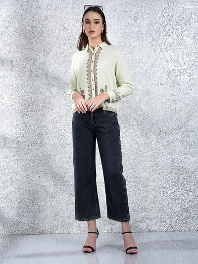 Green Embroidered 100% Cotton Shirt