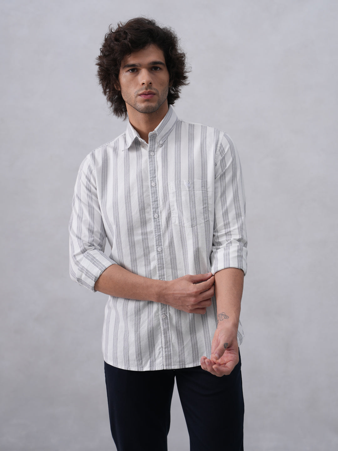 White Vertical Stripes 100% Cotton Button-Down Collar Shirt