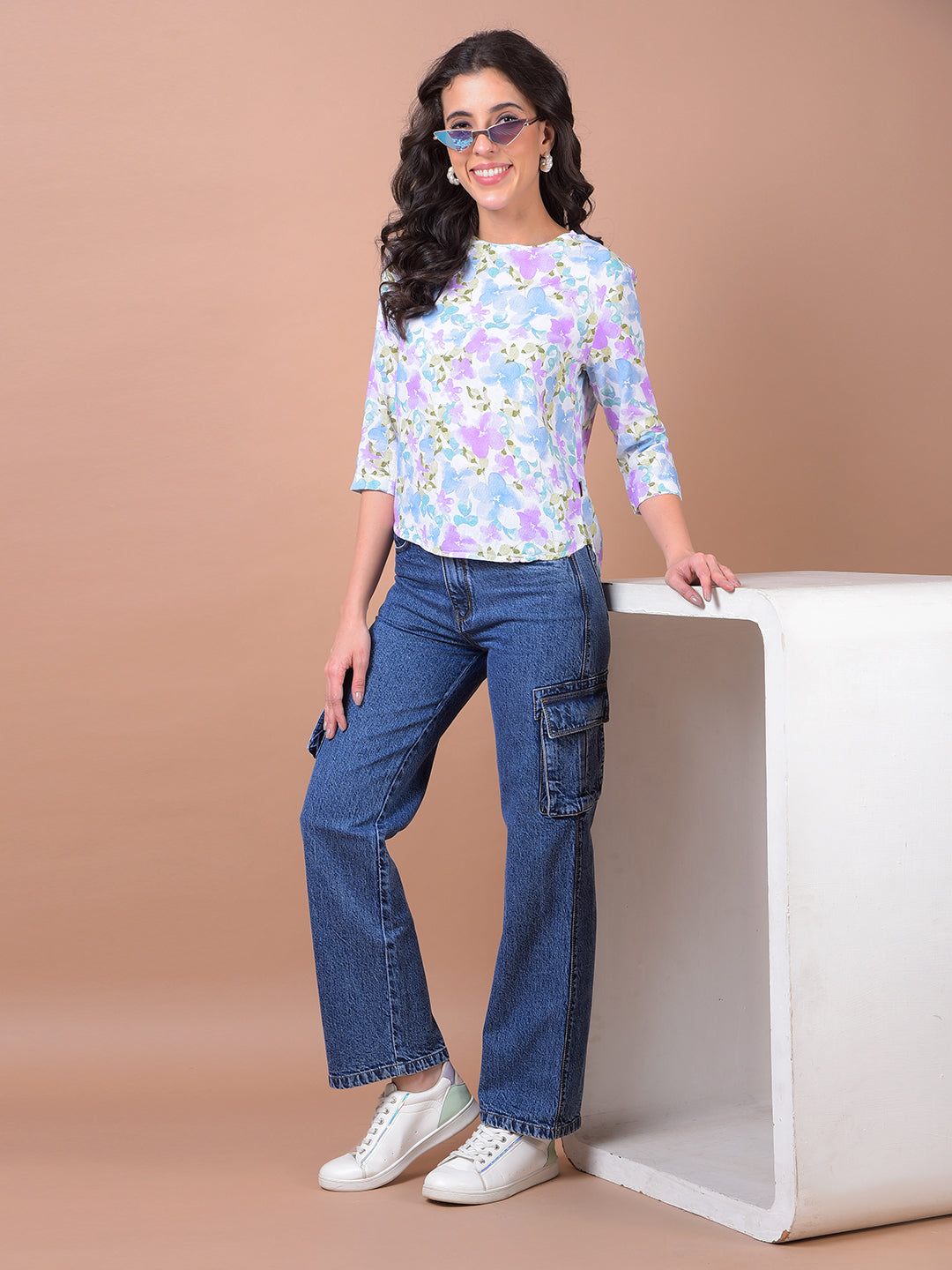 Multi-Color Floral Print Linen Top