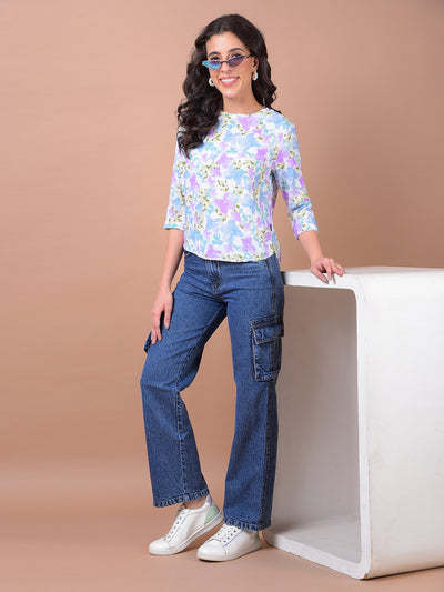 Multi-Color Floral Print Linen Top