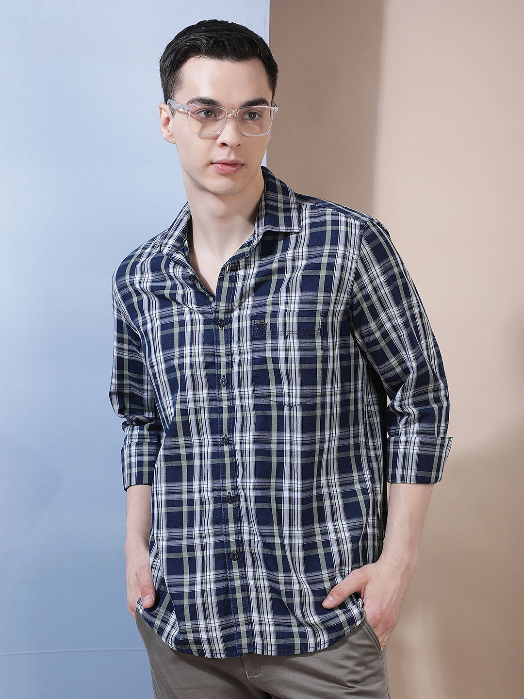 Navy Blue 100% Cotton Checked Shirt