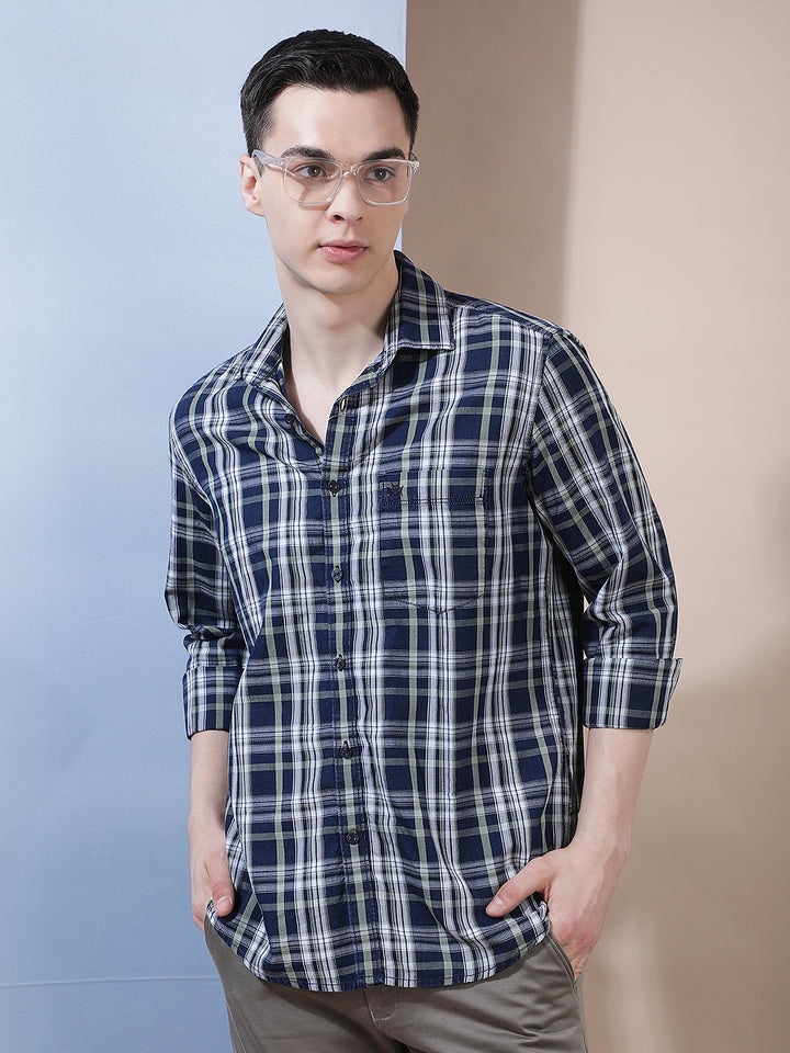 Navy Blue 100% Cotton Checked Shirt