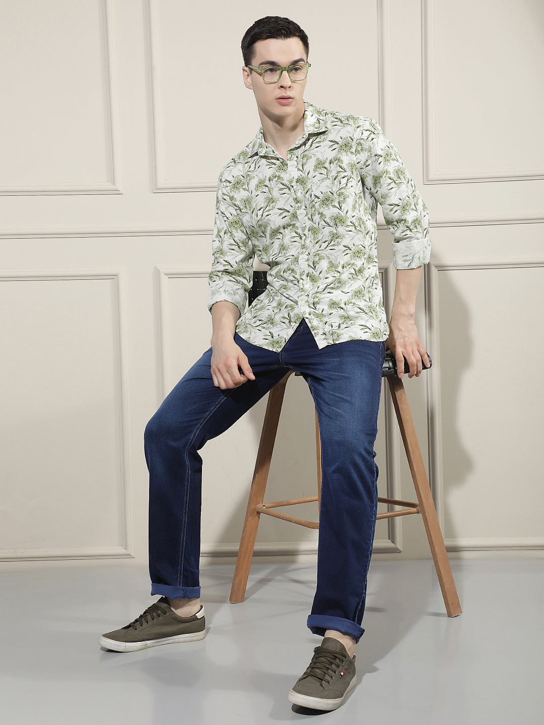 Green Floral Print Linen Shirt