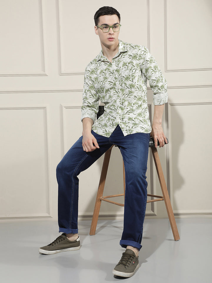 Green Floral Print Linen Shirt