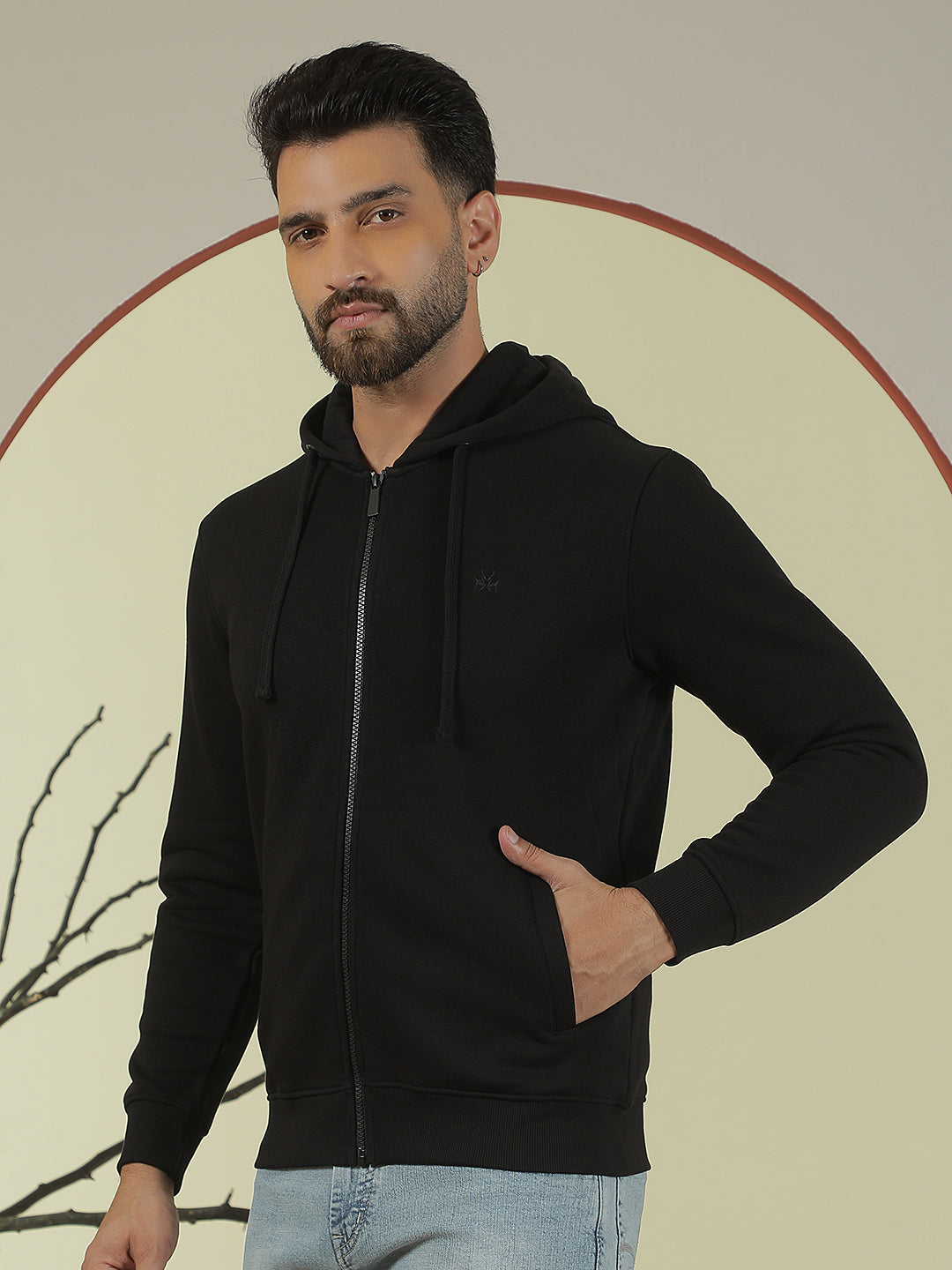 Black Hooded Neck Front Open Sweatshirt