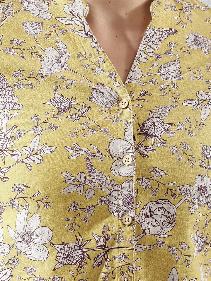 Wine Floral Print V-Neck Linen Shirt
