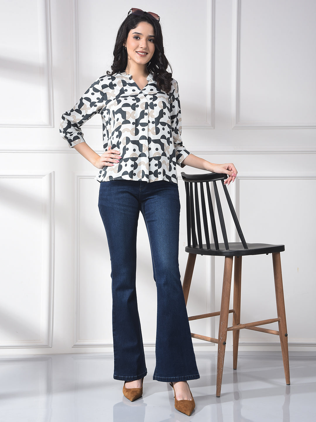 White Printed 100% Modal V-Neck Top