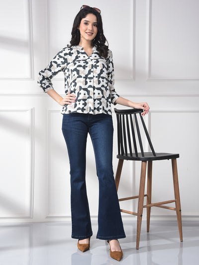 White Printed 100% Modal V-Neck Top