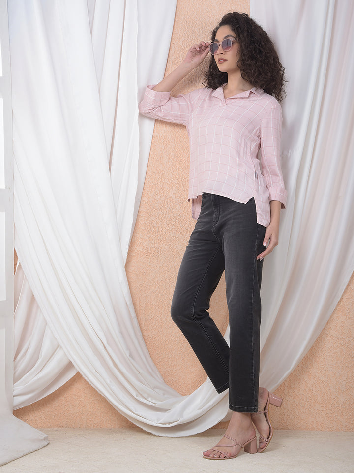 Peach Checked Resort-Collar Top