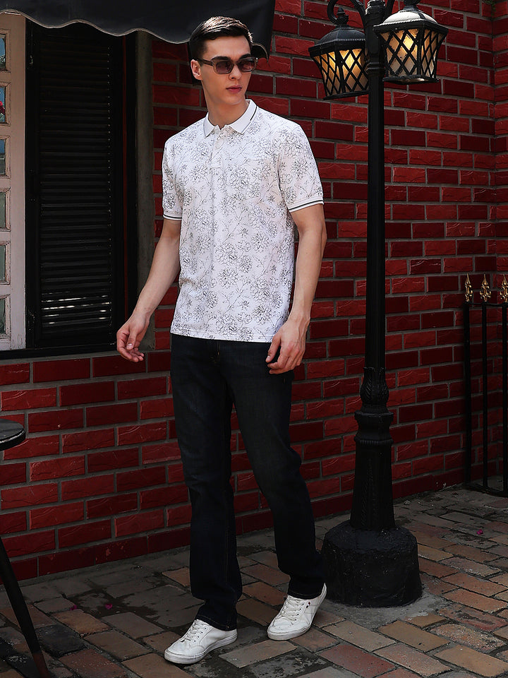 White Floral Print Polo Neck T-Shirt