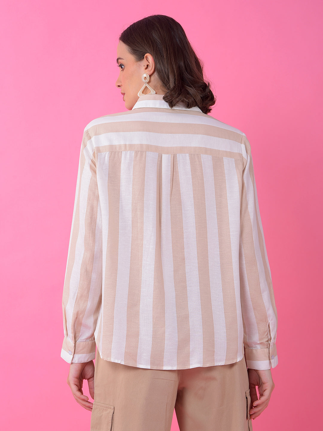 Beige Vertical Stripes Linen Shirt