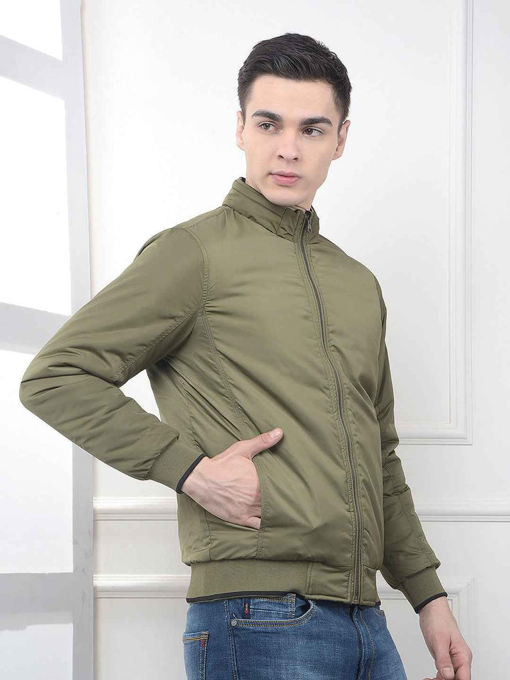 Olive High Neck Reversible Bomber Jacket