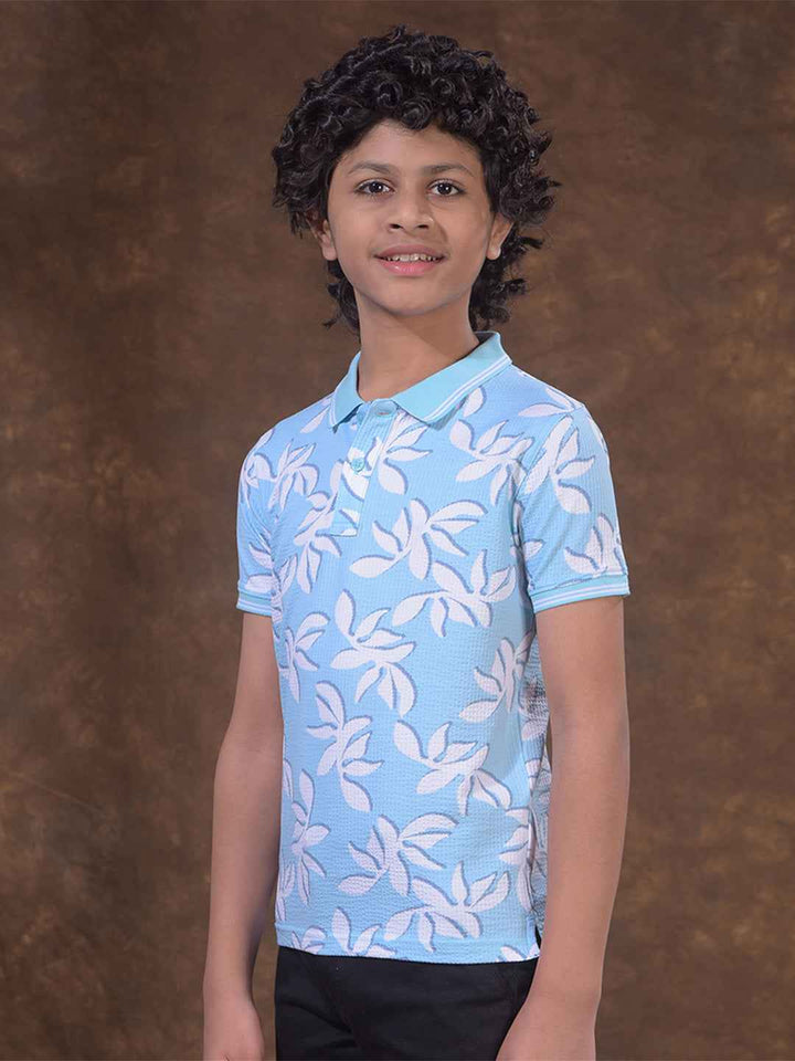 Blue Floral Print Polo Neck T-Shirt