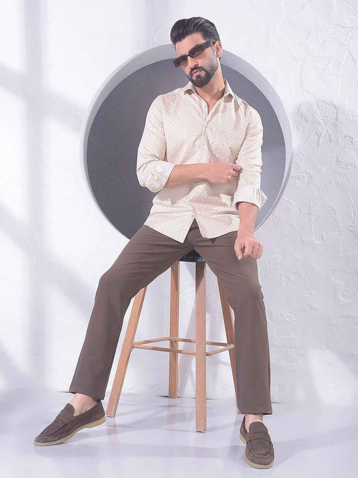 Beige Geometric Print 100% Cotton Shirt