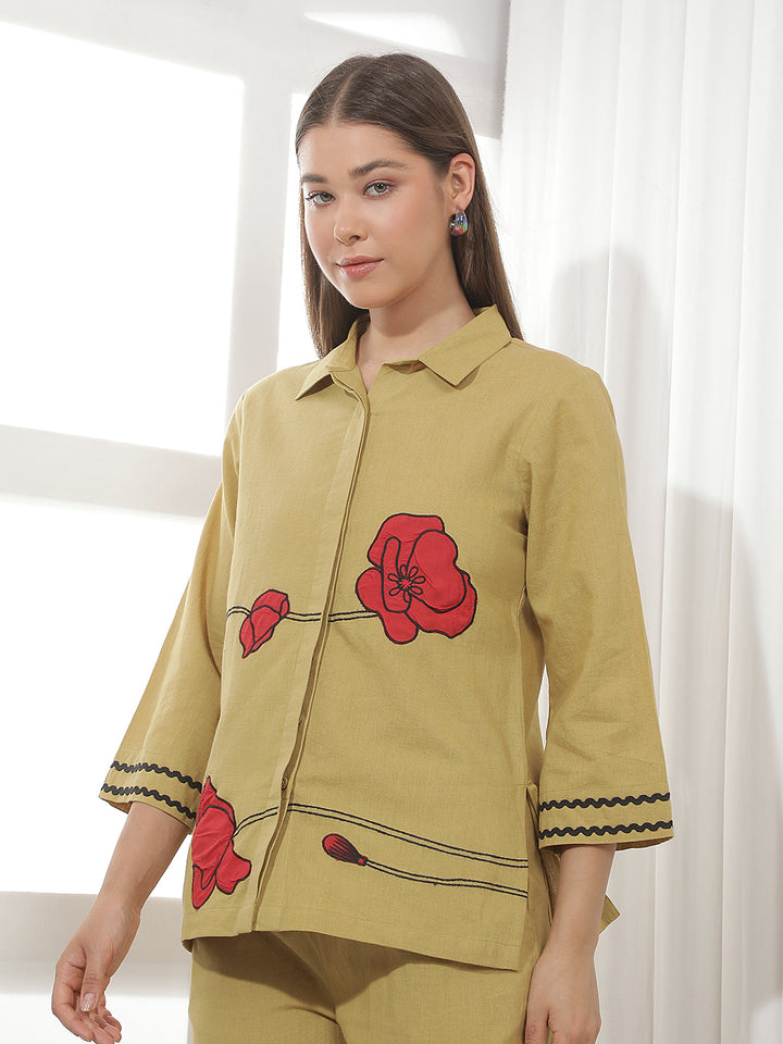 Beige Floral Embroidered Shirt