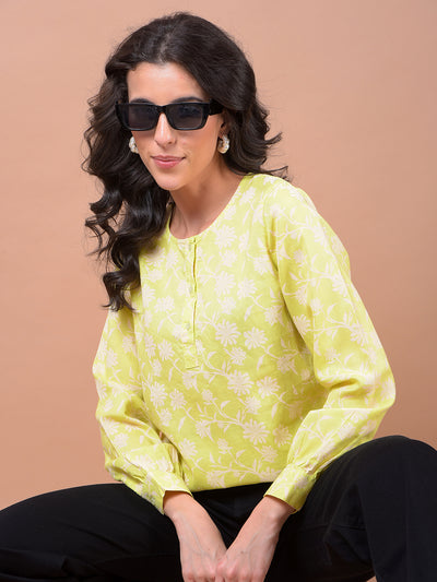 Green Floral Print Linen Top