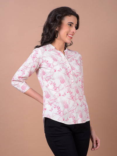 Pink Floral Print V-Neck Linen Top