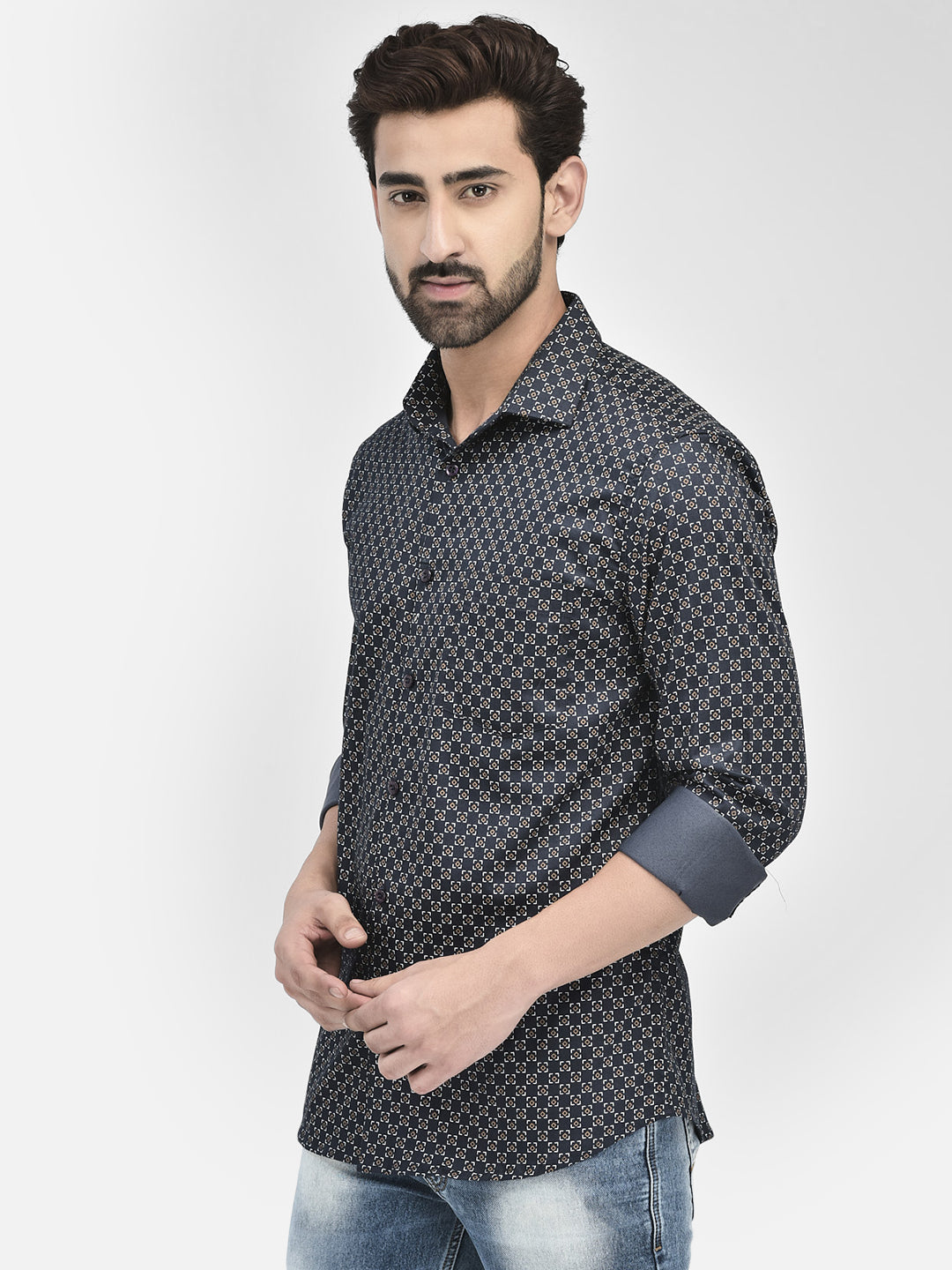 Navy Micro-Pattern Casual Shirt
