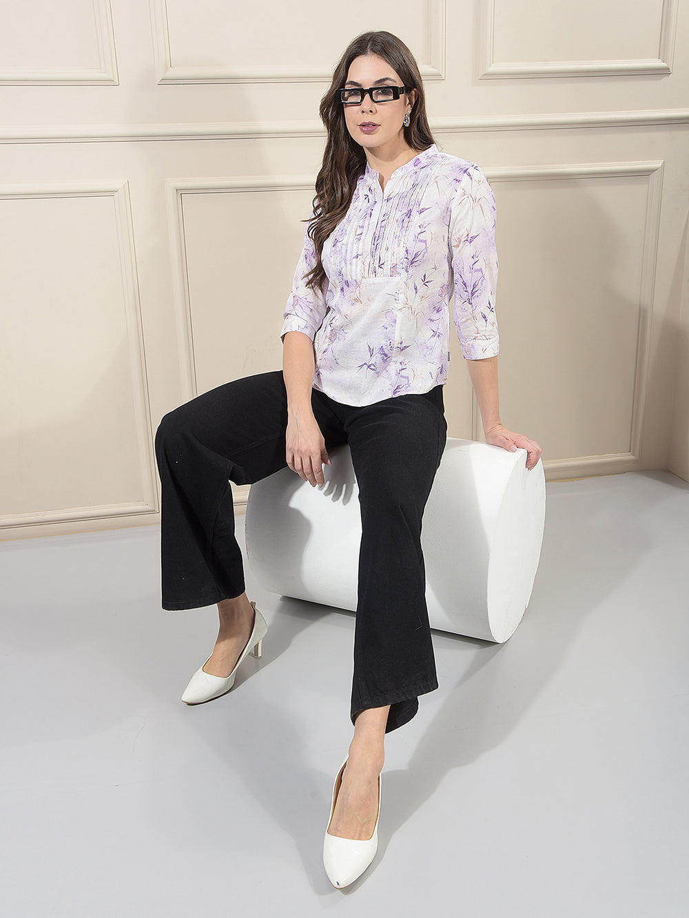 Purple Linen Round Neck Floral Printed Top