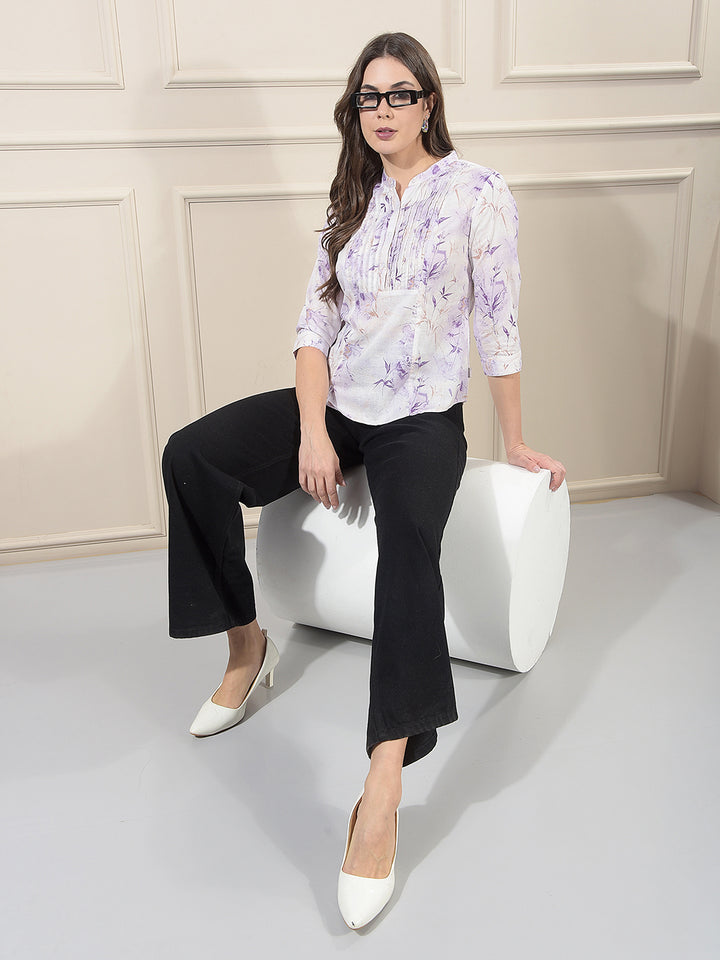 Purple Linen Round Neck Floral Printed Top