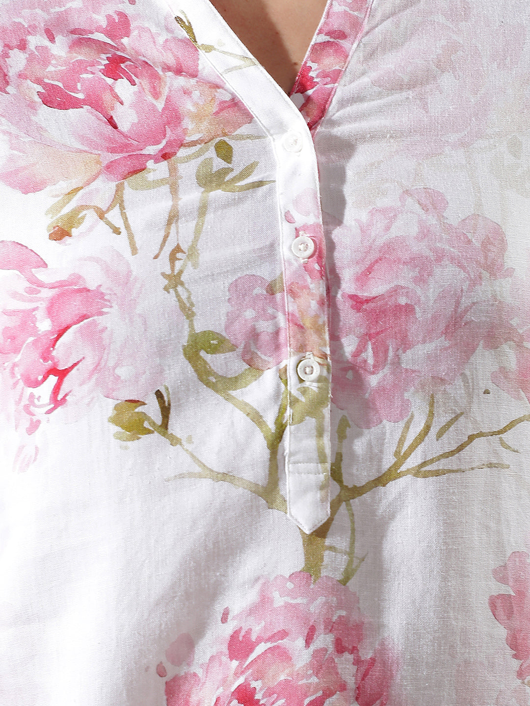 Pink Floral Print V-Neck Linen Top