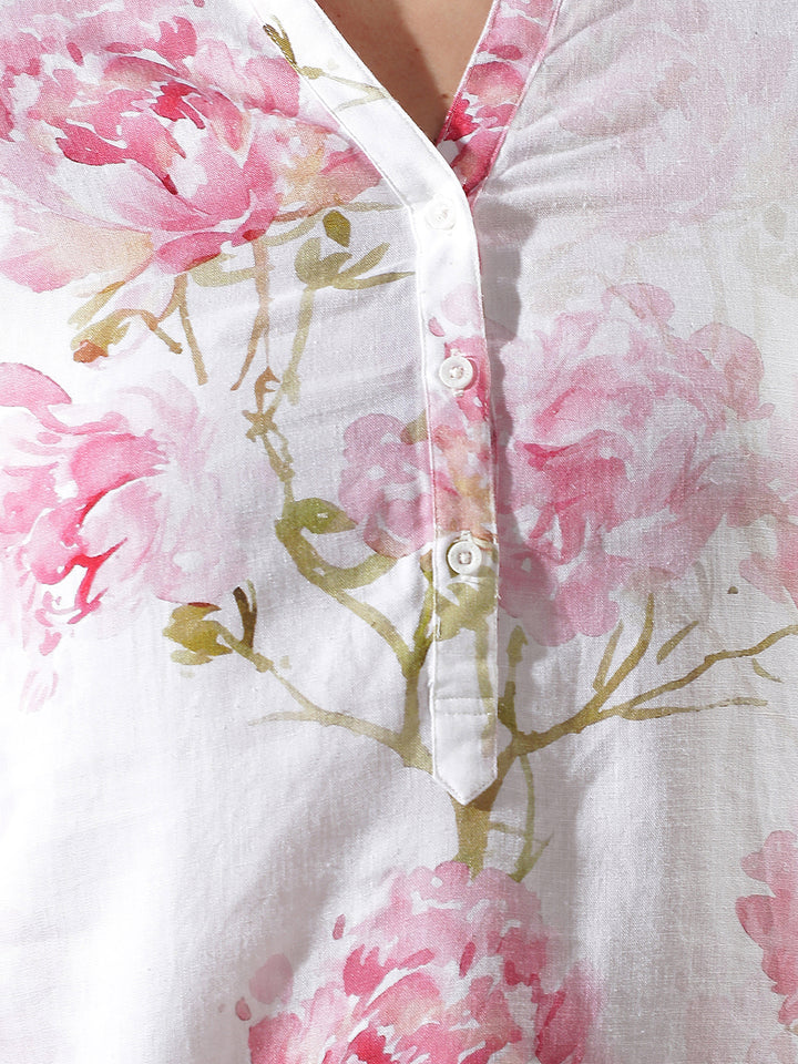 Pink Floral Print V-Neck Linen Top