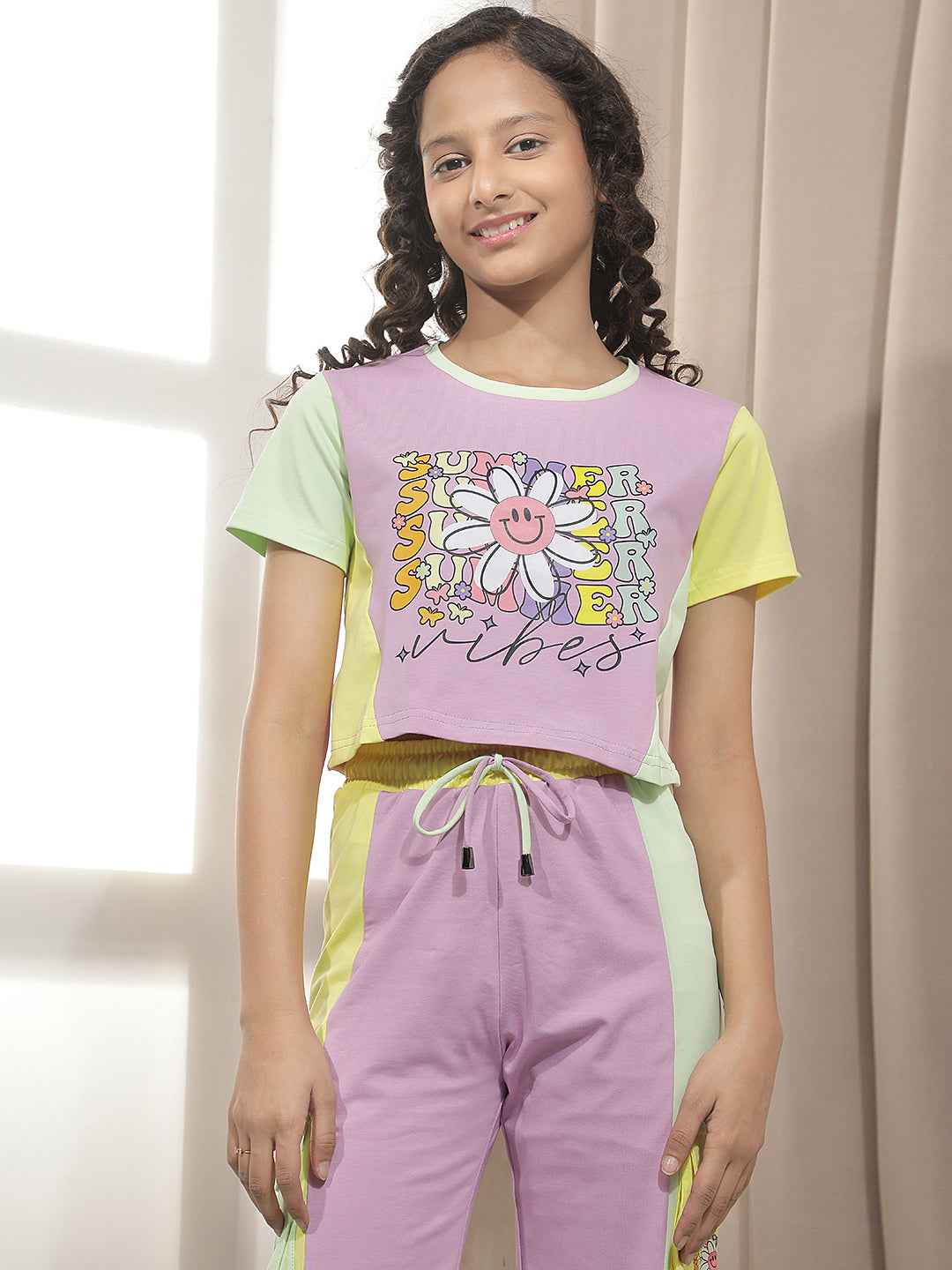 Purple Color-Blocked Cropped T-Shirt