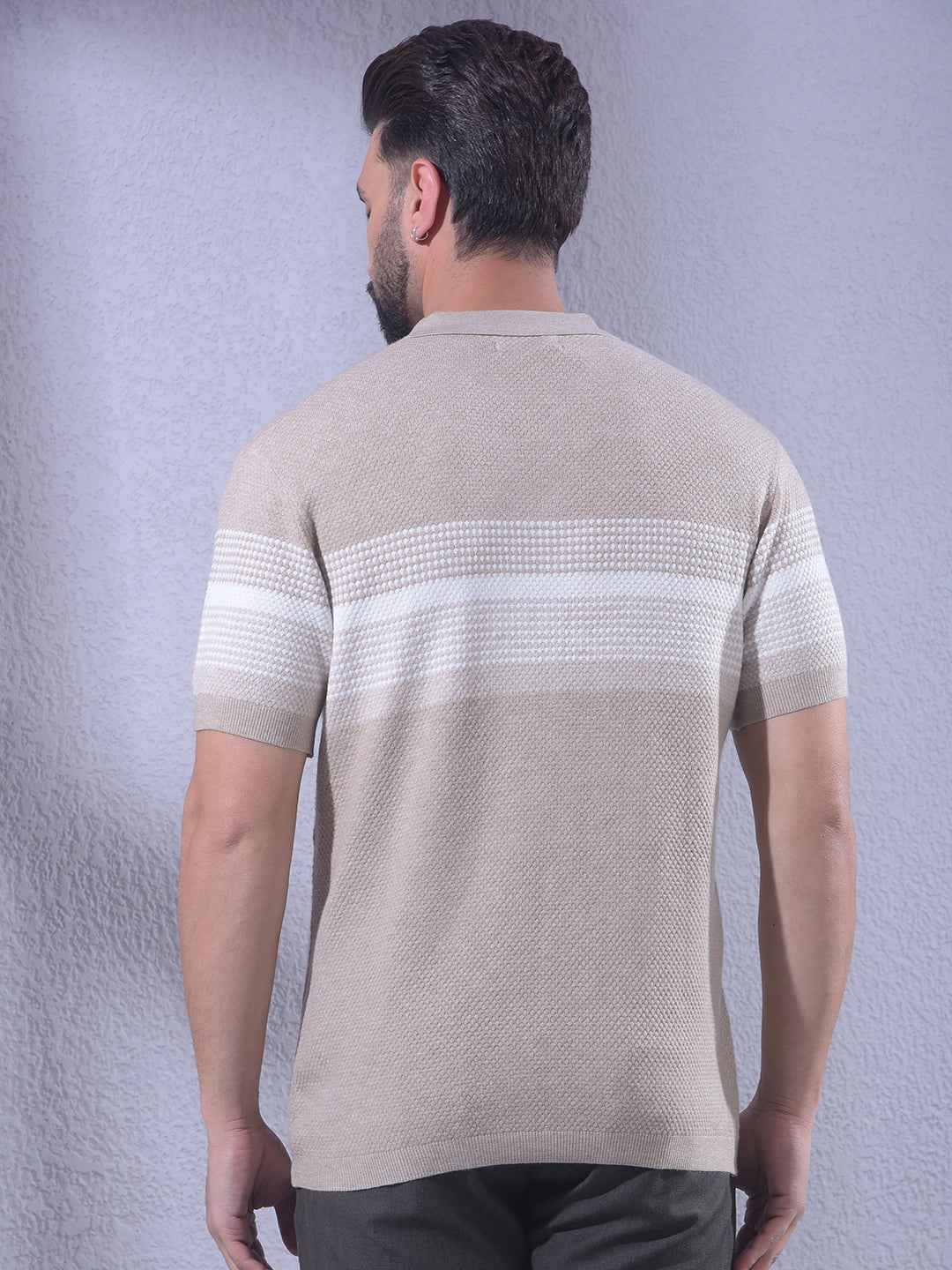 Beige Horizontal Stripes Knitted T-Shirt
