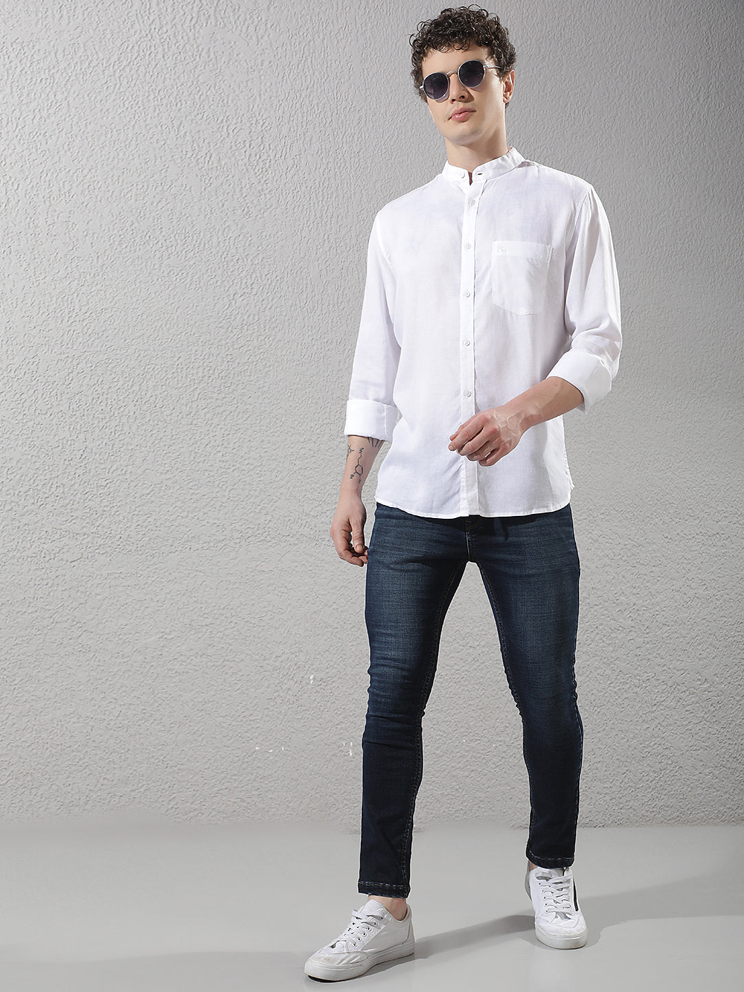 White Linen Mandarin Neck Shirt