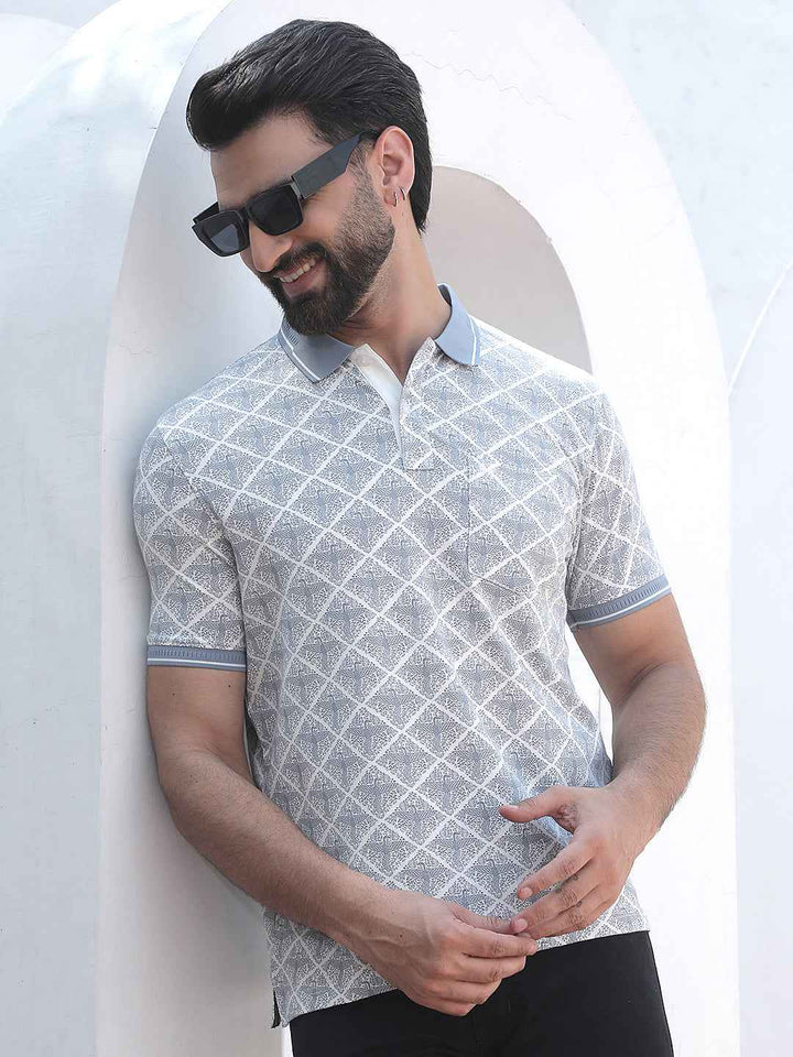 Blue Printed Polo Neck T-Shirt