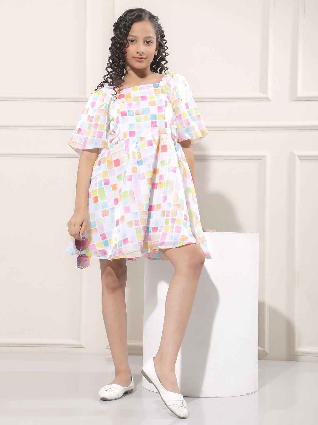 Abstract Print Multicolor Square Neck Dress