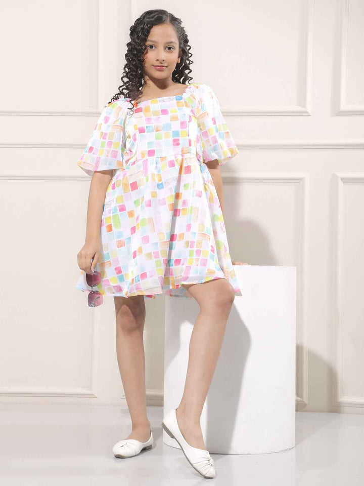 Abstract Print Multicolor Square Neck Dress
