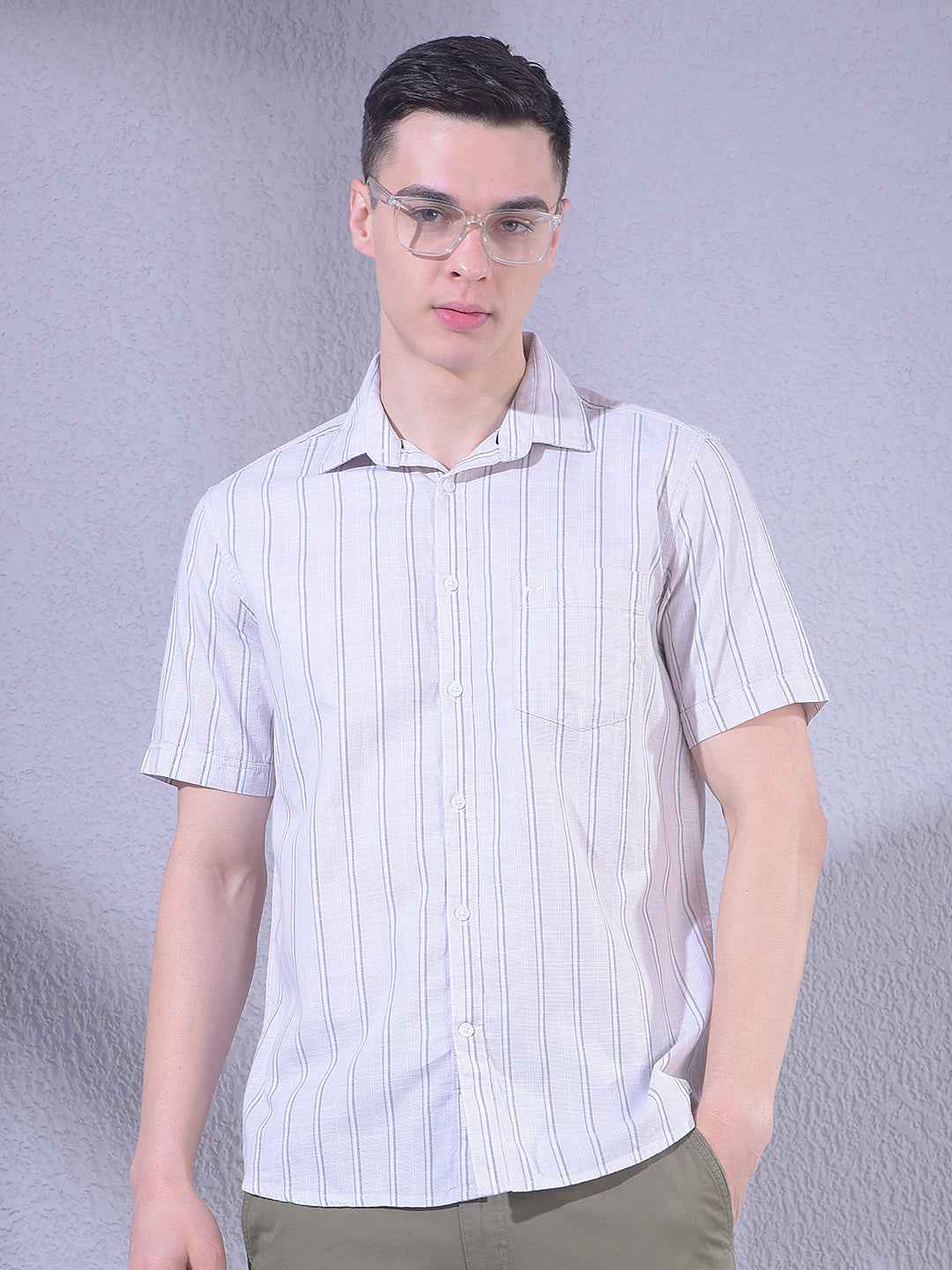 Beige Vertical Striped 100% Cotton Shirt