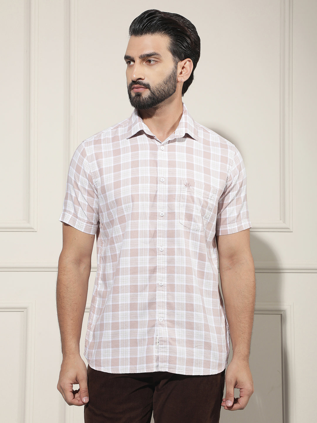 Peach Checked 100% Cotton Shirt