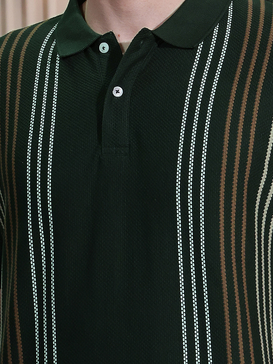 Olive Vertical Stripes Polo Neck T-Shirt
