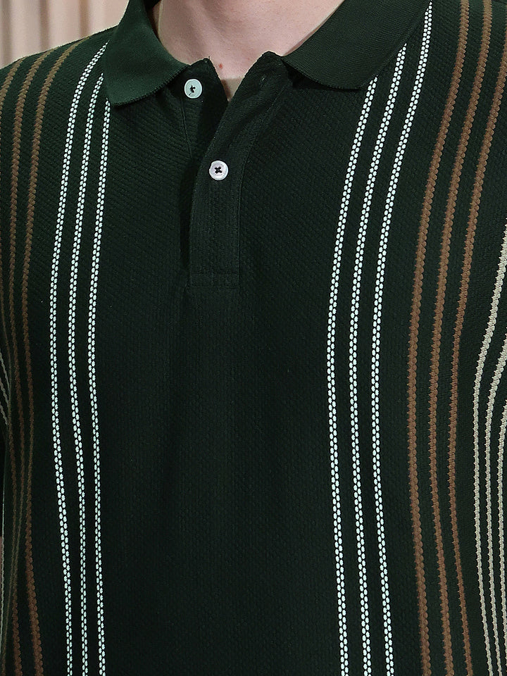 Olive Vertical Stripes Polo Neck T-Shirt