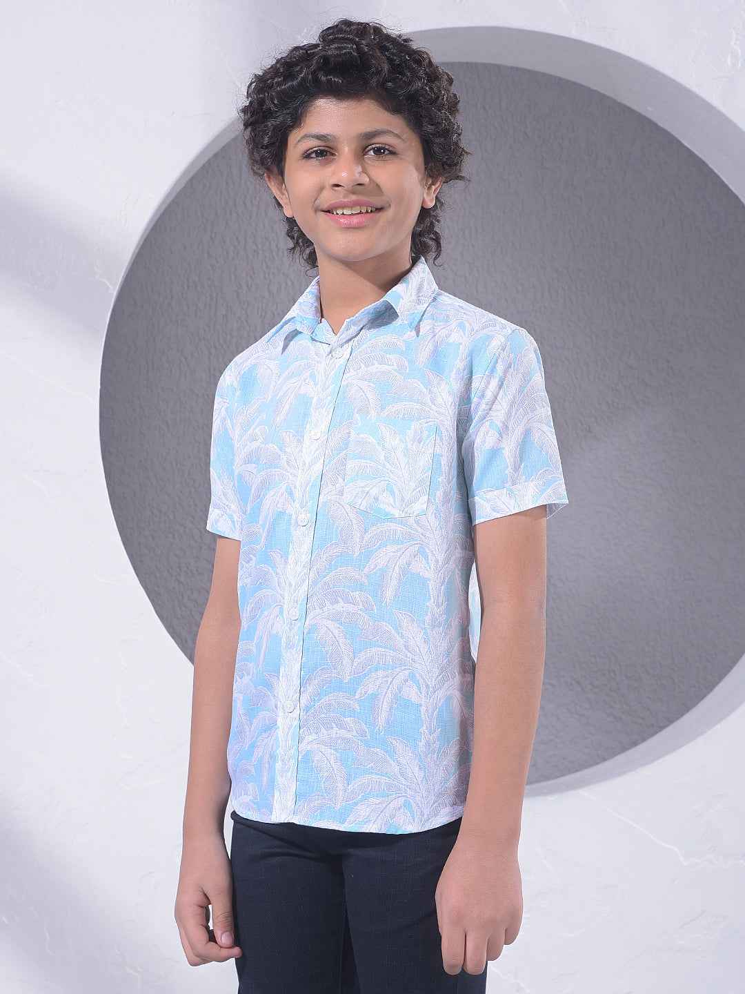 Blue Botanical Print Linen Shirt