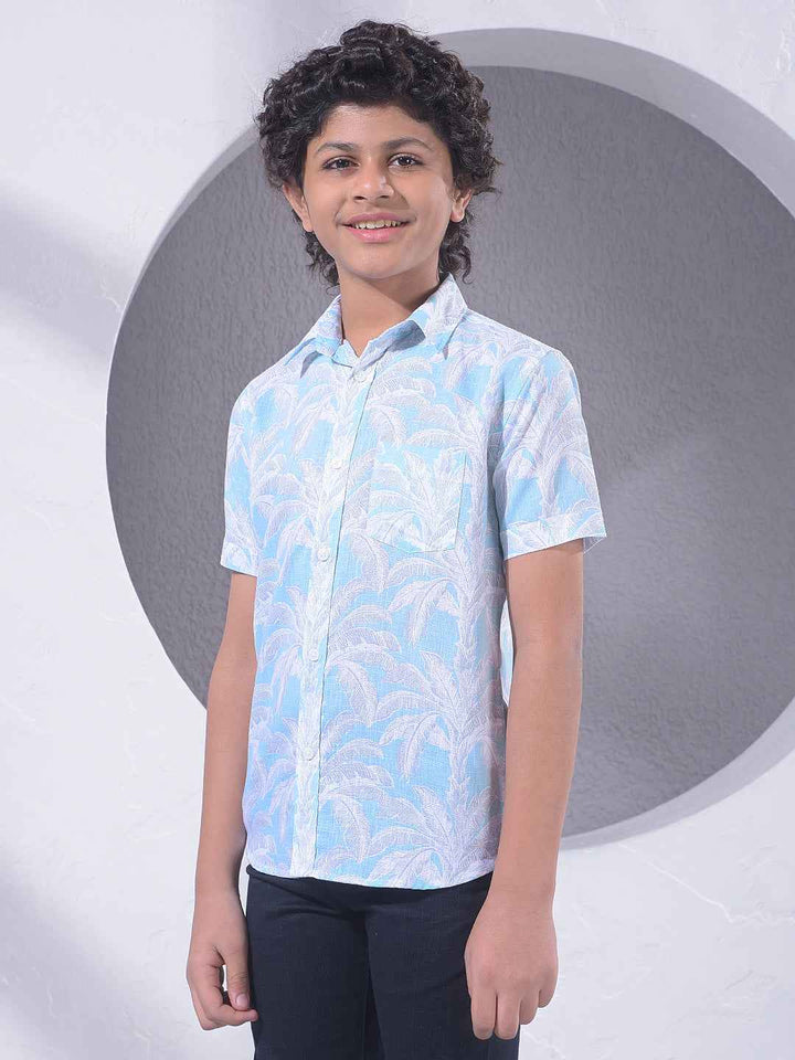 Blue Botanical Print Linen Shirt