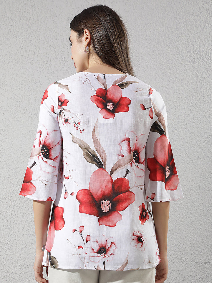 Red Floral Print Oversize Linen Top