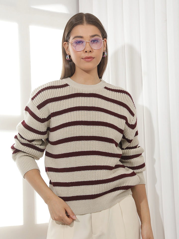 Beige Horizontal Stripes Acrylic Sweater