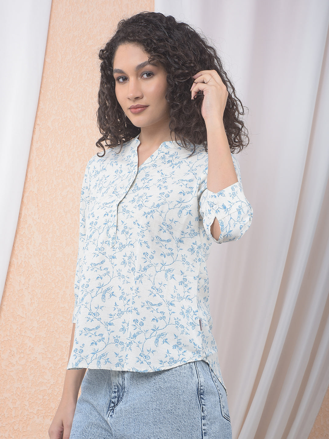 Aqua Blue Floral Printed Boxy Linen Top