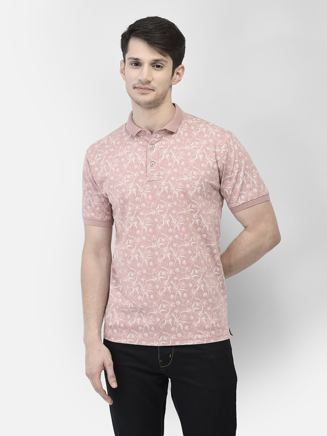 Pink Floral Print 100% Cotton Polo Neck T-Shirt
