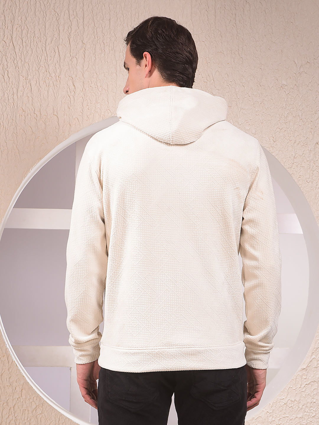 Off White Jacquard Hooded Neck Sweatshirt