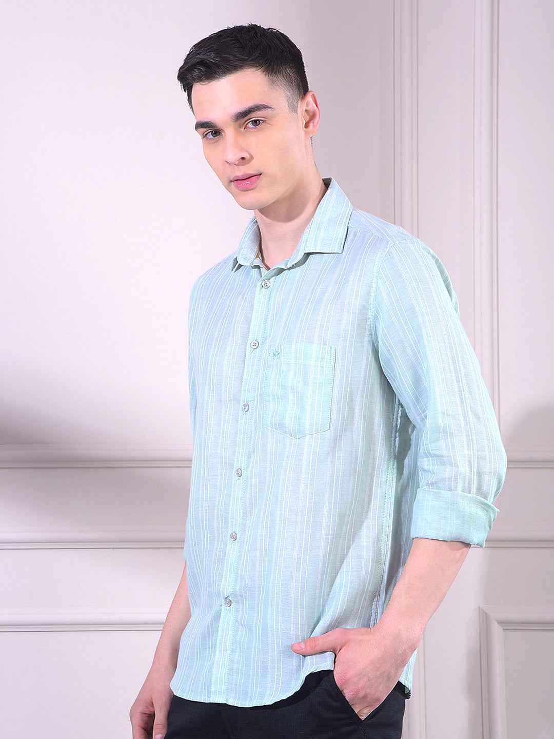 Green 100% Cotton Vertical Stripes Shirt