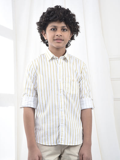 Beige Vertical Stripes 100% Cotton Corduroy Shirt